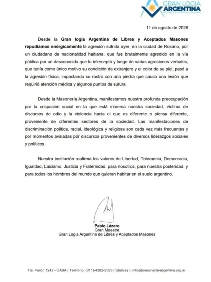 Comunicado de la Gran Logia de la Argentina del 11 de agosto de 2026